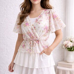 Zunie Women Floral Chiffon Blouse Gold Foil Flutter Sleeve L New Without Tags
